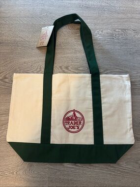 Trader Joe's Canvas Tote Bag in Cream with Dark Green Trim